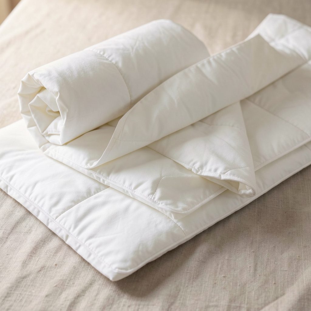 Roll of low-loft white quilt batting partially unrolled on a neutral linen surface under warm soft lighting