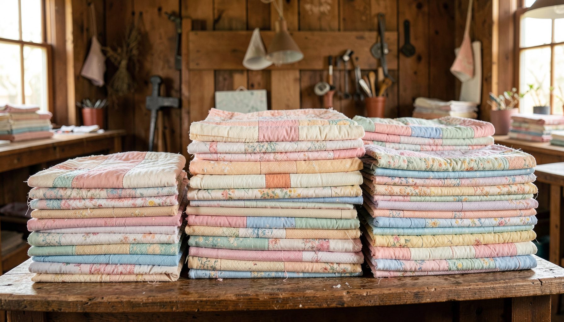 Wide view of neatly stacked bolts of cotton quilting fabric in soft pastel tones, lit with warm natural daylight