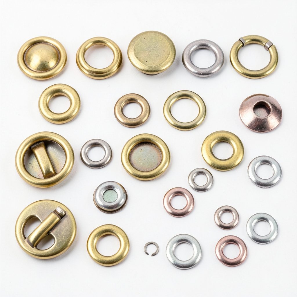 Collection of brass and nickel sewing fastenings including buckles, buttons, eyelets and grommets on a pale surface